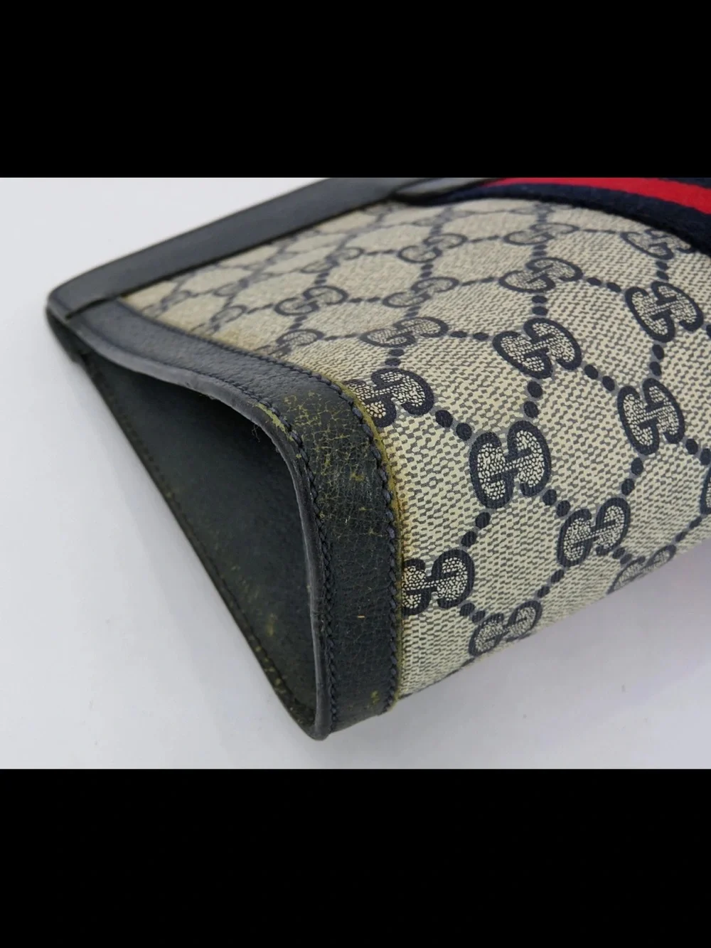 Gucci Beige GG Canvas Clutch with Black Trim and Red/Navy Web Stripe
